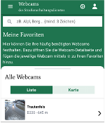 Startseite der Webcams mit Suche und Favoritenmöglichkeit.